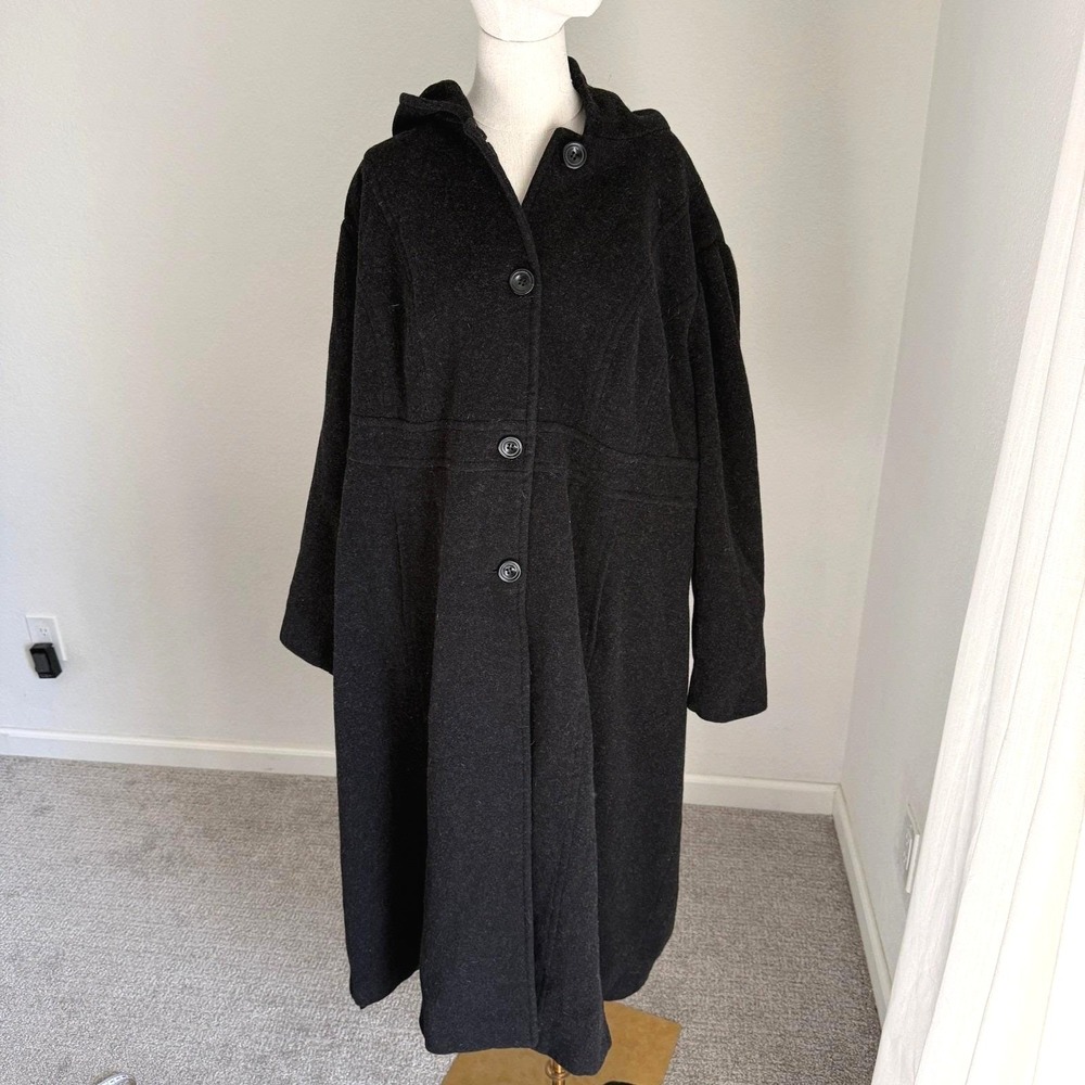 Vintage Plus Size Women's Black Wool Blend Hooded Overcoat Jacket 24W‎ Minimal